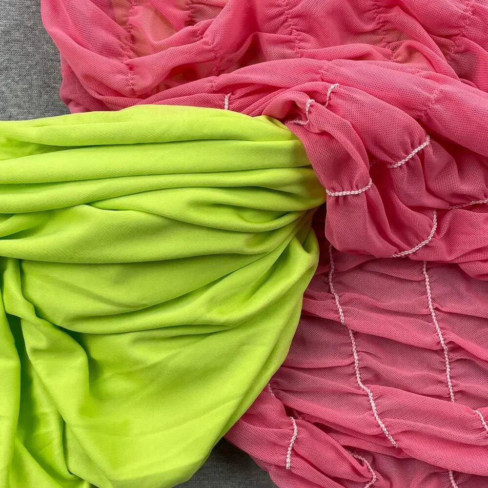 TOPSHOP Dress Size M 8/10 Hot Pink Sheer Layered Mesh Mini Ruched Long Sleeve